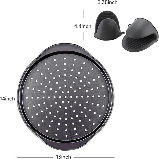 Arimagroup 2 Pack 13 Inch Pizza Pan for Oven,Round Carbon Steel Pizza Pan with Holes, Pizza Tray with 2 Silicone Gloves,for Baking, Grilling