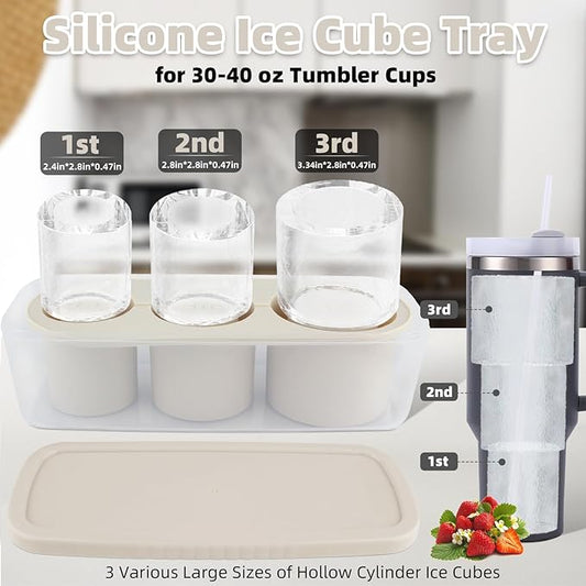 Tcamp Tumbler Ice Mold, Ice Cube Tray for 30 oz -40 oz Tumbler Cup, 3 Pcs Silicone Hollow Cylinder Ice Mold with Lid and Bin for Freezer, Ice Drink, Juice, Whiskey, Cocktail (White)