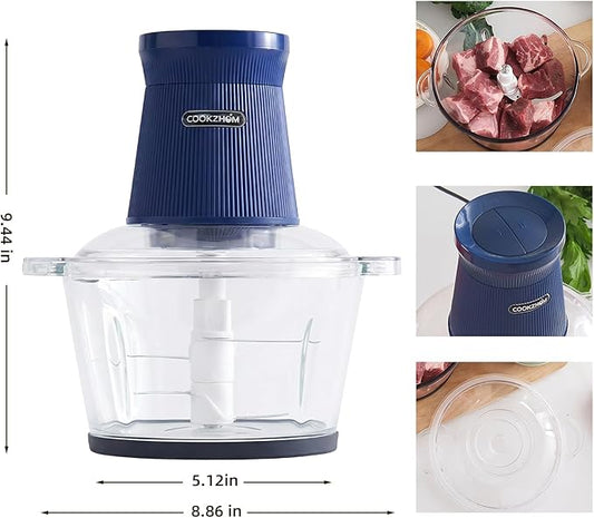 COOKZHOM 500W Food Processor, Blue Meat Grinder with Glass Bowl 8 Cup, Electric Food Chopper with 2 Sharp Blade Sets for Meat, Fruits, Vegetables, Baby Food, Nuts, 2 Speed