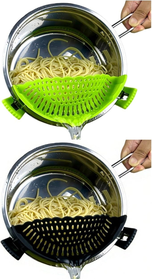 2 Sets of Clip on Strainer Silicone Glove | Versatile for All Pans and Pots,Noodle Pasta Pot Strainer Silicone Colander for Vegetables Meat Fruit Spaghetti,Food Strainers(Green,Black)