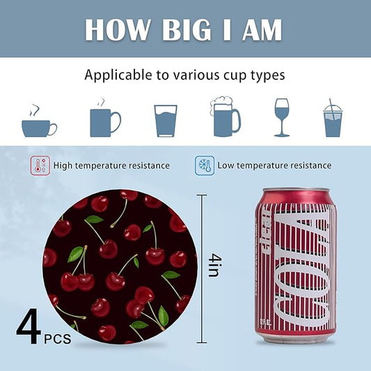 Coasters for Drinks,Red Cherry Cute Absorbent Coaster Set of 4 with Cork Base,Ceramic Drink Coasters for Cold Drinks Wine Glasses Cups Mugs,Housewarming Gifts for Home Decor