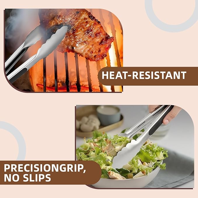 12 Pcs Stainless Steel Kitchen Tongs, 7/9/12 Inch High Heat Resistant Cooking & Serving Tongs with Locking for Grill Salad