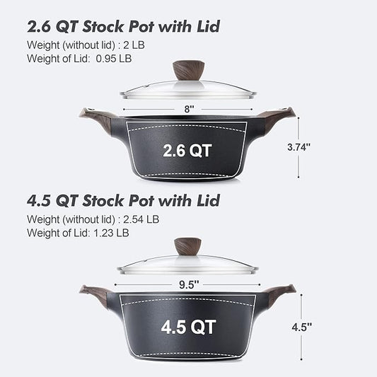 SENSARTE Nonstick Stock Pot with Lid, 2.6+4.5 QT Soup Pot Set Casserole Pot, Healthy Pasta Pot, Large Deep Cooking Pot, Big Sauce Pot Stew Pot, Induction Compatible, PFOA PFOS APEO Free, Black