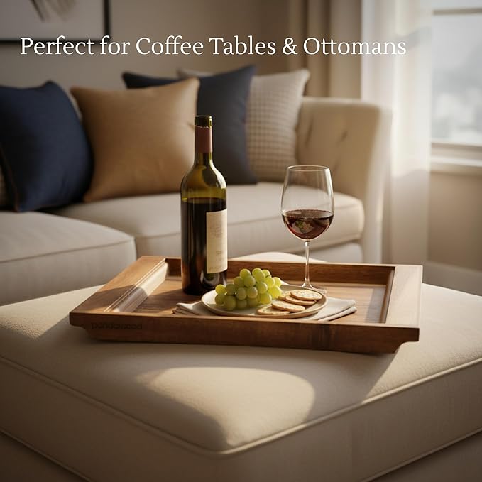 Acacia Wood Serving Tray - Large Wooden Tray for Ottoman - Rectangle Coffee Table Tray - Wooden Decorative Tray for Kitchen Counter, Dining Table, Breakfast - 15.7x11 (Japandi)