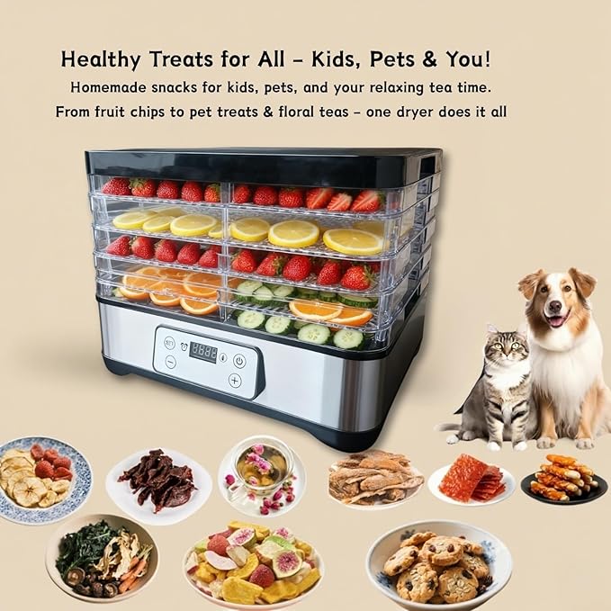 Food Dehydrator, Large 5 Trays Meat Dehydrator for Jerky, 300W Herb Dryer 24H Timer & Temp Control for Fruit Snacks Yogurt Dog Treats ETL Approved (Black 5 Trays)