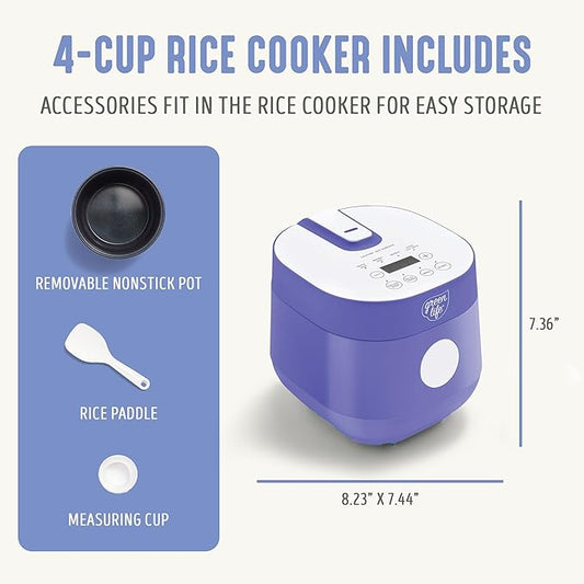 GreenLife Digital Rice Cooker, 2-Cups Uncooked/4-Cups Cooked, Removable Nonstick Ceramic PFAS-Free Pot, One-Touch Presets, Oats, Quinoa, Brown Rice, Auto Keep Warm, Fuzzy Logic Tech, 1.5 QT, Periwinkle