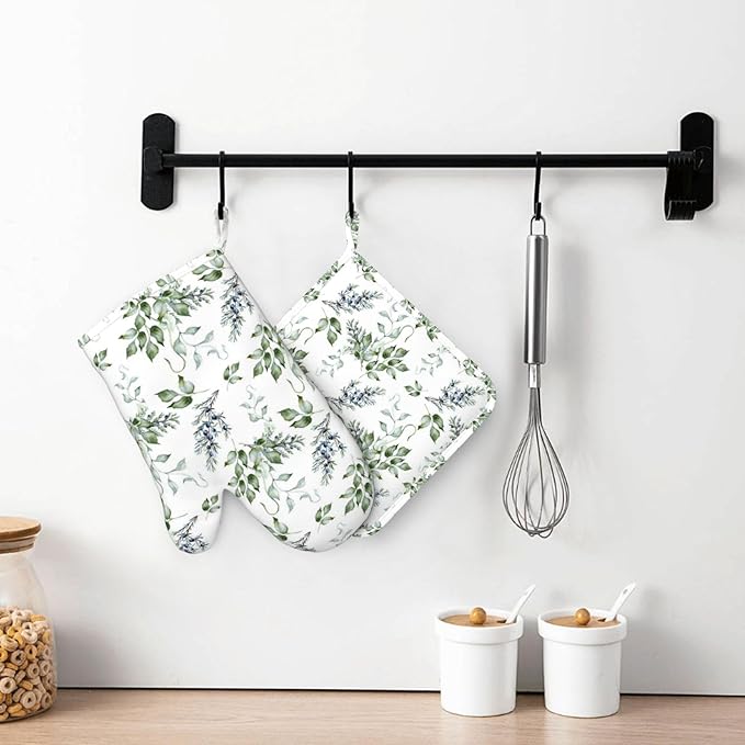Sage Green Branches Silicone Oven Mitts and Pot Holders Sets Holly Leaves Kitchen Mitts Watercolor Berries Potholder Kitchen Accessories for Cooking Baking BBQ
