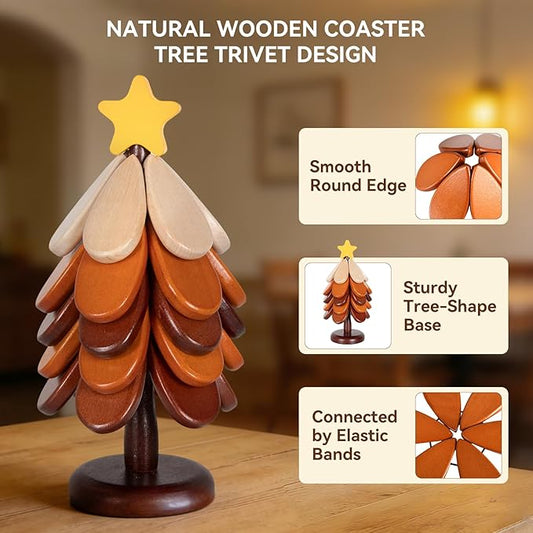 SENIG 5 PCS Tree Trivet Wooden Coasters for Hot Dishes, Wooden Tree-Shape Coaster Sets for Drink, Coffee Table, Kitchen Room Decor(Star)