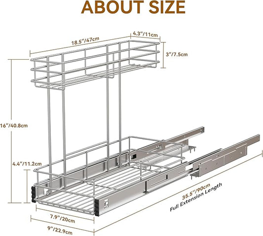 Under Sink Organizer 9"W X18.5"D,Pull Out Cabinet Organizer 2 Tier,Under Sink Slide Out Organizer Chrome Plated, Under Kitchen Bathroom Sink Organizer, Pantry Cabinet Closet Organization Rack, 1 Pack