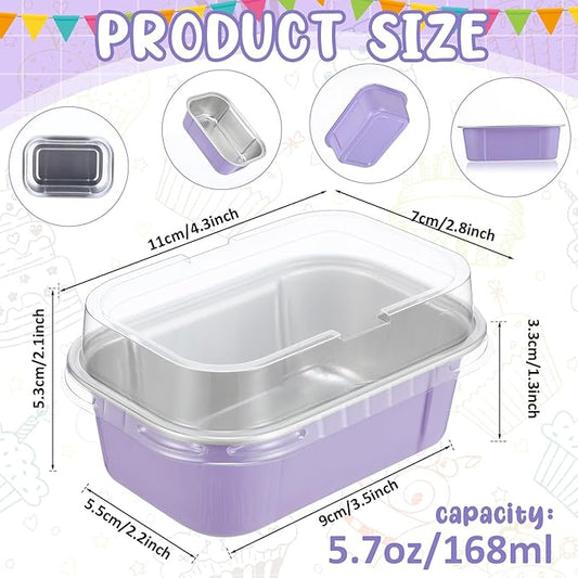 Vesici 100 Sets Mini Loaf Pans with Lids, 5.7 oz Disposable Aluminum Foil Baking Cups, Rectangle Cake Pans for Pudding Desserts Muffin Baking Storage Valentines Wedding Birthday Party(Purple)
