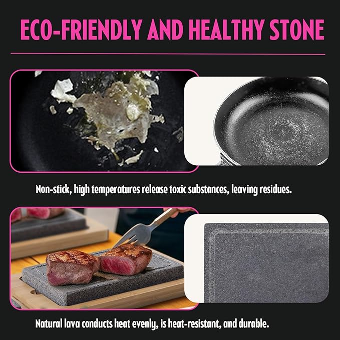 Artestia Lava Stone for Steak with 2PCS Stones, Hot Rock Tabletop Grilling Stones for Wagyu with Bamboo Tray, Mini Pizza Grilling Stones, 8.46"*6.49"
