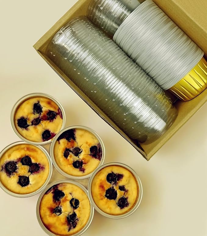 Lewarm Disposable Muffin Pans with Lids, 5 oz Mini Cake Pans for Cupcake, Multi-purpose Aluminum Foil Baking Cup, Premium Dessert Cups, Creme Brulee Ramekins Oven Safe, 60 Pack