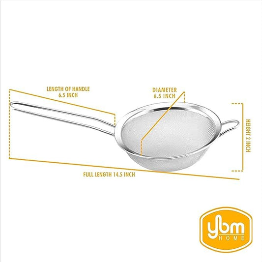 YBM Home Stainless Steel Fine Mesh Strainer Colander Sieve with Handle for Rinsing Grains Beans Rice Fruits, 6.5 inch