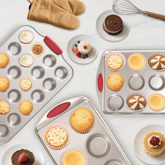 Shinsin Mini Muffin Pan, 24 Tin Cupcake Pan, Nonstick Small Muffin Tray with Silicone Grip Handles, Durable Mini Cheesecake Cup Cake Pans for Baking, 2-PACK,Gold