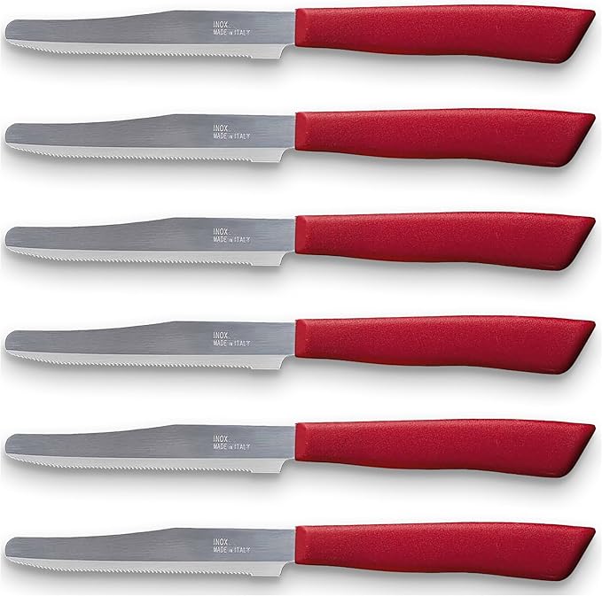 Tredoni 6 kitchen Knives - 4.3"/11cm Italian Stainless Steel Serrated Vegetable/Steak/Table Knife Cutlery, Rounded Tip (Red)