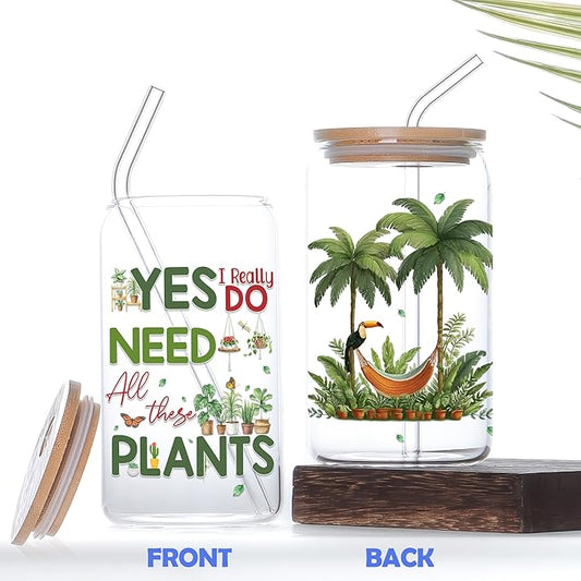 Gifts for Plant Lovers 16 Oz Glass Cup with Lid and Straw Plant Lady Coffee Mug Funny Plants Lover Tumbler Mothers Day Christmas Birthday Present for Gardeners Women Men Mom Dad