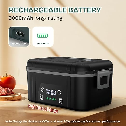 Cordless Heated Lunch Box, Smart Timer Automatic Heating Food Warmer for Adults, 5.5-Cup Portable Electric Lunch Container with Handheld Insulated Bag