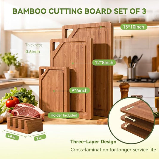 Bamboo Cutting Boards for Kitchen, Wood Cutting Boards with Deep Juice Grooves, 3-Pack Bamboo Cutting Board Set with Holder, Chopping Board & Charcuterie Board for Meal Prep & Serving