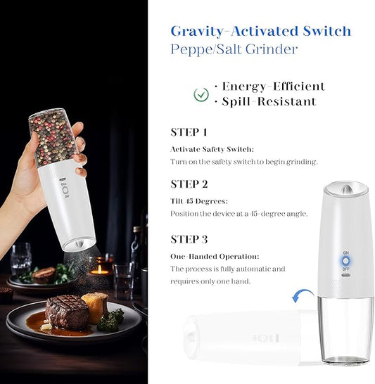 Rechargeable Electric Salt and Pepper Grinder Set, Gravity Activated, Adjustable Coarseness, LED Light, USB Charging, Ceramic Core, 150ml Transparent Hopper, Black + White