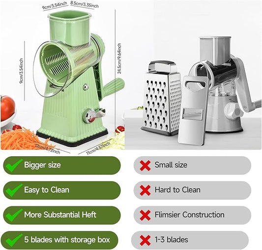 Xilrvna RotaryCheeseGrater,VegetableShredder 5 in 1 Cheese GraterwithHandleedderReinforcedSuction,EasytoClean,KitchenChopperforCrushedIce,Fruits and Nuts with Blade StorageCase(light green)