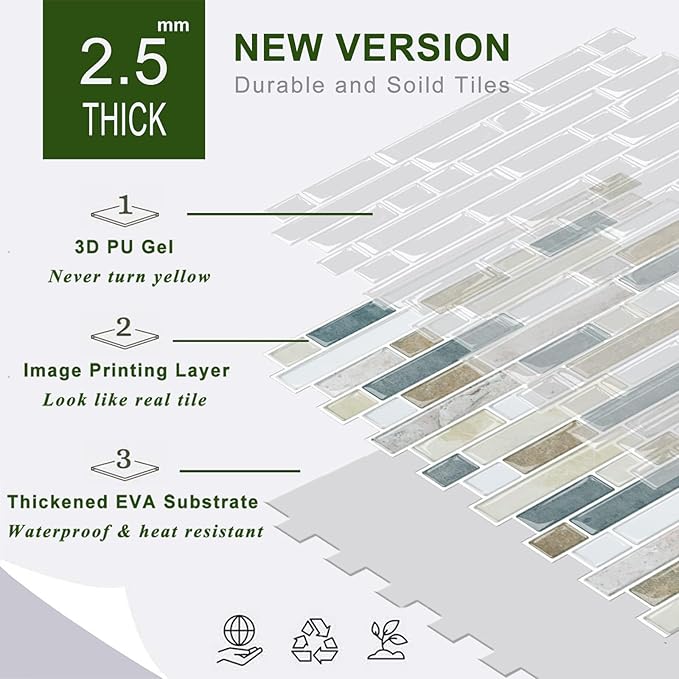 STICKGOO Peel and Stick Tile Backsplash for Kitchen, 12”×12”Stick on Backsplash, Self Adhesive Tile for Kitchen Backsplash and Bathroom(10 Sheets, Thicker Design)