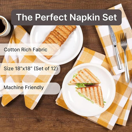 LFH Home Buffalo Check Cloth Dinner Napkins Set of 12, Cotton Napkins, 100% Cotton Checkered Wedding Christmas New Year Dinner Napkins with Mitered Corners and Generous Hem - 18 x 18 Mustard White