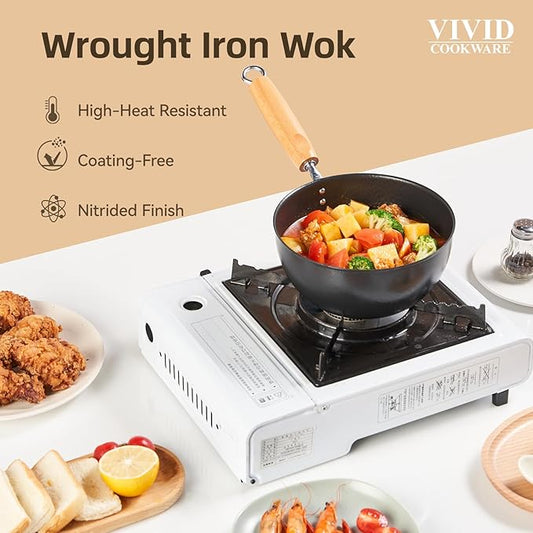 VIVIDCOOKWARE 1.5 QT Small Wok, Cold-Forged Iron Mini Wok with Glass Lid, 7 Inch Flat Bottom Iron Cooking Pot for Stir Fry, Ramen, Soup & Oatmeal, Healthy Wok with Coating-Free, Induction Ready