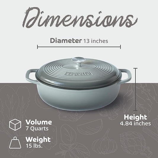 Segretto Cookware Enameled Oval Cast Iron Dutch Oven with Handle 7-Quarts Grigio Scuro (Gray) 7 qt Oven Safe Dutch Oven Pot With Lid Enamel cast Iron Pot Cookware for Bread Baking
