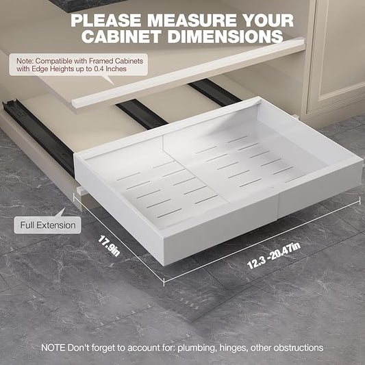 2 Pack Pull Out Cabinet Organizer 18" Deep,Full Extension 3 Slide Rails Slide Out Drawers With Raising Pad for Framed Cabinets,Expandable Width (12.3"-20.5"),No Drill Roll Out shelf,White