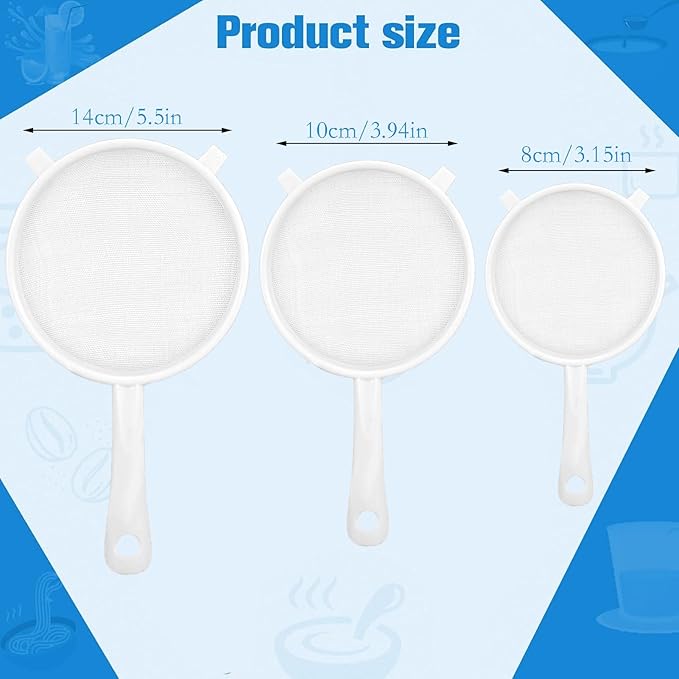 3 Pcs Plastic Nylon Fine Mesh Kefir Strainer Set with Handle, Sieve Fine Mesh Colander Flour Sifter for Yogurt Baking Kitchen Kefir Tea Juice Pasta