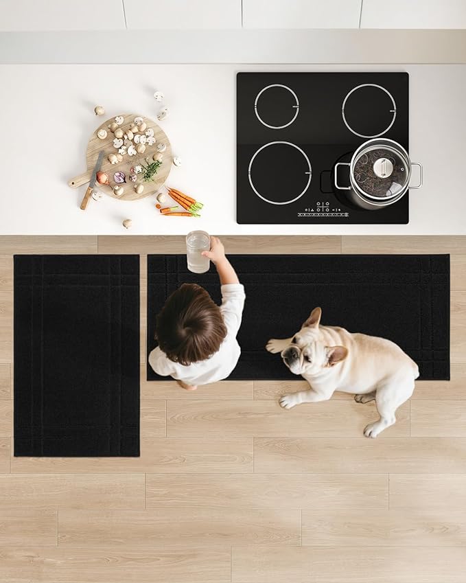 JSEI Kitchen Mats for Floor, Non-Slip Kitchen Rugs, Soft Washable Absorbent Kitchen Mats 2 PCS, Kitchen Runner Rug with TPR Backing, Polyester, 20"x32"+20"x48", Black