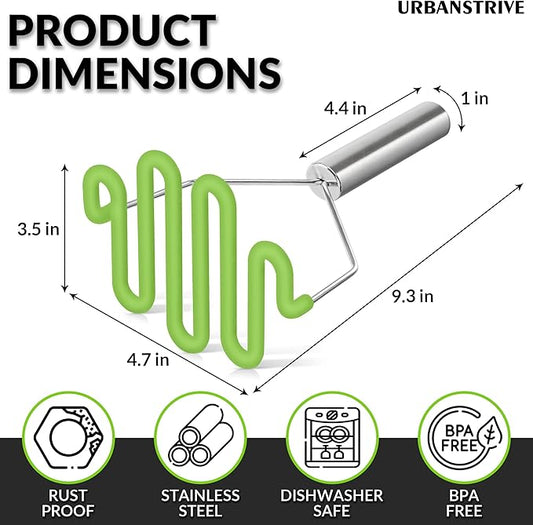 Urbanstrive Non-Scratch Silicone Potato Masher Kitchen Tool, Potatoes Masher Potato Masher Stainless Steel Wrapped In Premium Silicone, Potato Smasher, Green