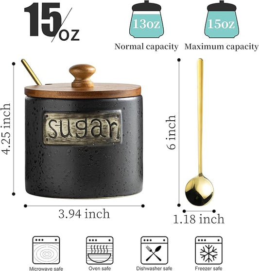 LYEOBOH Black Sugar Bowl with Lid and Spoon, 15 Oz Farmhouse Sugar Container Holder for Coffee Bar Accessories, Food Storage Containers - Modern Kitchen Decor Housewarming Gift