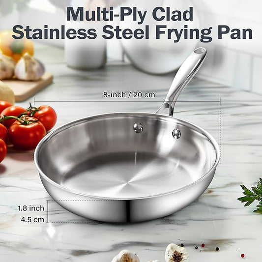 Cooks Standard Stainless Steel Frying Pan with Lid, 8-Inch Multi-Ply Clad Wok Stir Fry Pan, Kitchen Skillet, Silver