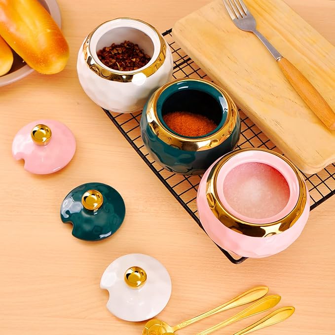 WHJY Ceramic Sugar Bowl with Lid and Spoon, Golf Design Porcelain Salt Bowl Salt Container, Modern Spice Box Seasoning Jar for Home and Kitchen Coffee Bar - Green