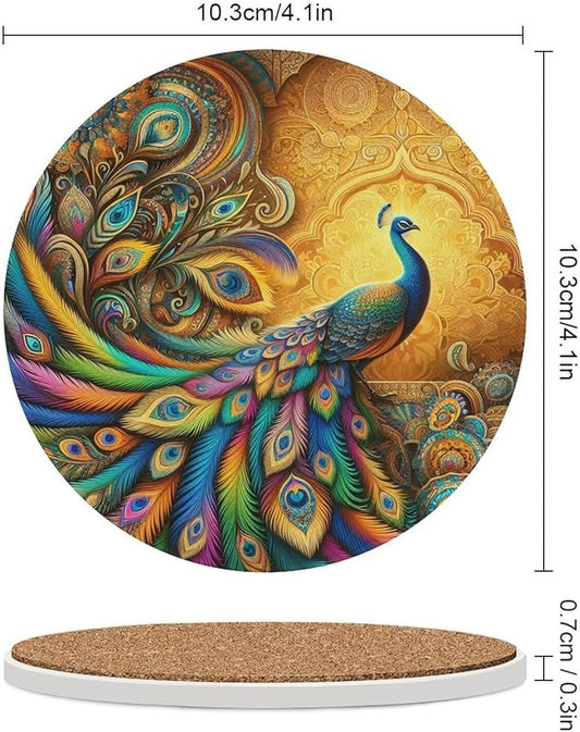 Peacock Drink Coasters, Round Ceramic Drink Coaster Round-4PCS, Beautiful Colorful Floral Peacock Boho Art Pattren Decor Absorbent Ceramic Coasters for Beverage Cup, Bar, Coffee Table