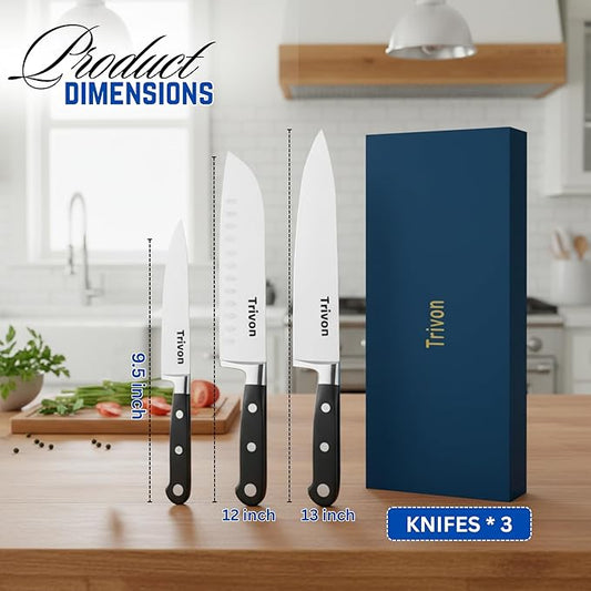 Trivon Kitchen Knife Set with Gift Box – 3-Piece Professional Chef Knife Set, Japanese High-Carbon Stainless Steel Ultra-Sharp Cooking Knives 8" Chef Knife + 7" Santoku + 5" Utility Knife