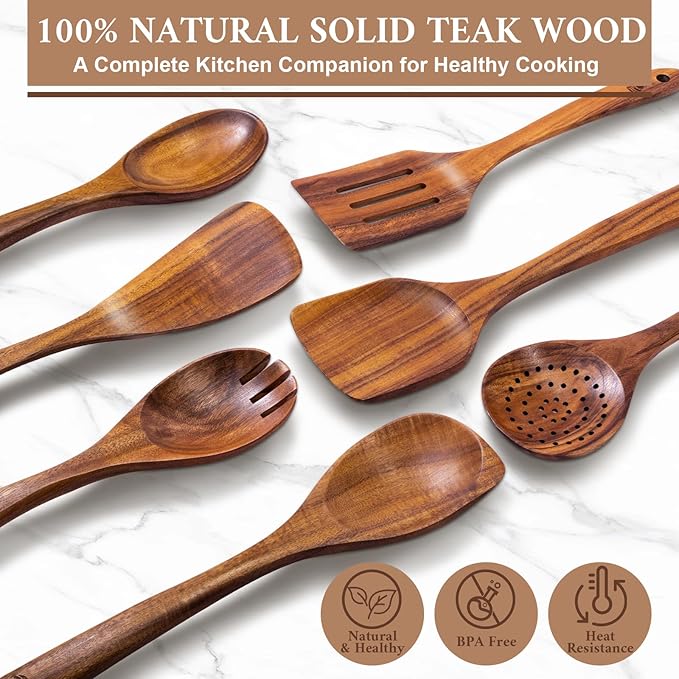 7 Piece Wooden Spoons for Cooking, Natural Teak Wooden Utensils Set, Handmade Wood Kitchen Utensil Set with Hooks, Durable Nonstick, Comfort Grip, Heat Resistant Wood Cookware Tool