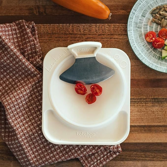 Sharp Rocker Knife for Adults – Chef-Grade Kitchen Knife for Parents and Kids 12+ with Non-Slip Cutting Board, Dishwasher Safe, One-Handed Meal Prep, Microplastic-Free Insert (Coconut Cream)