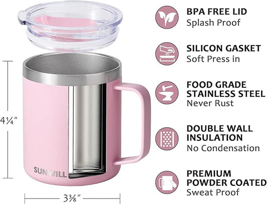 SUNWILL Insulated Coffee Mug with Lid, Travel Tumbler Reusable, 14 oz Stainless Steel Cup for Camping, Office, Home, Powder Coated Sakura
