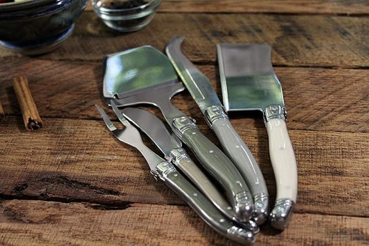 French Home 5-Piece Laguiole Cheese Knives Set with Fork and Slicer – Versatile Charcuterie Board Accessories with Three-Rivet Mist-Colored Handles & Iconic Bee Emblem