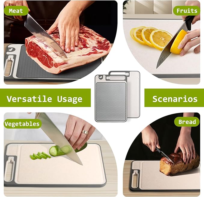 NTIERA 3-in-1 Stainless Steel Cutting Board for Kitchen, Double Sided,Non Toxic Cutting Board,Scratch-Resistant Mesh Design with Juice Groove,Easy Clean,Wheat Straw PP Large Chopping Board (15''*10'')