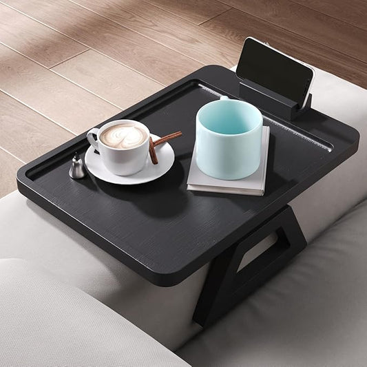 Couch Arm Tray with 360°Phone,Bamboo Folding Sofa Tray,Sofa Armrest Trays Clip-On Couch Desk for Drinks,Snacks,Phone,Remote Control(Black)