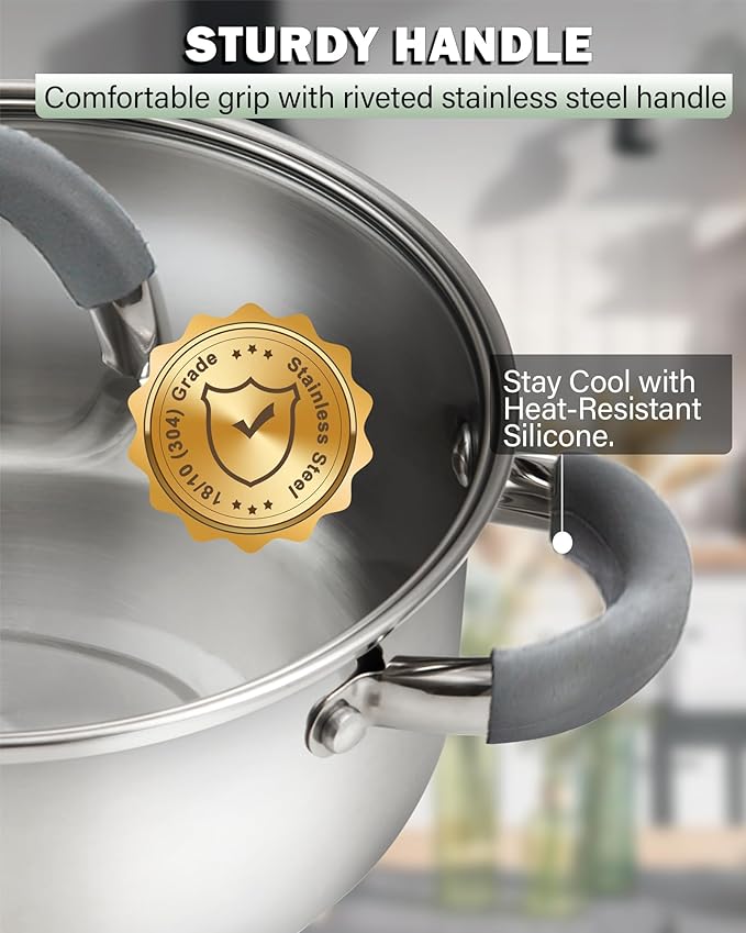 Cook N Home 5.5-Quart Sauce Pot Stainless Steel Stockpot with Glass Lid, Basics Saucier Casserole Stock Pot, Stay-Cool Silicone Handles