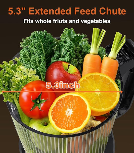 URVIBY Juicer Machines, 5.3" Large Feed Chute Cold Press Juicer with Double Press Technology, 400W Motor, High Juice Yield, Easy to Clean, Masticating Juicer for Whole Vegetables & Fruits, Dark Black