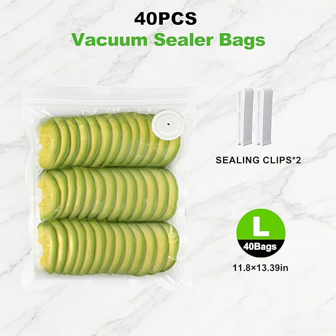 Vacuum Sealer For Food and Vacuum Sealer Bags Large(11.8×13.4in), 40 Reusable Vacuum Sealer Bags for Food and 2 Seal Clips for 10X Preservation & Fresh (Not Contain Vacuum Sealer)-Large Bags