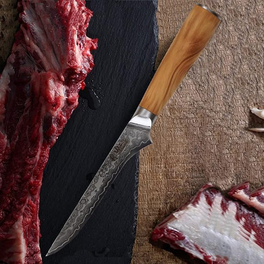 Wakoli Oribu Damascus Boning Knife – Full Tang Kitchen Knife | 5.5-Inch Blade Made of 67-Layer Genuine Damascus Steel with AUS-10 Core | Ergonomic Olive Wood Handle | Sharp & Durable