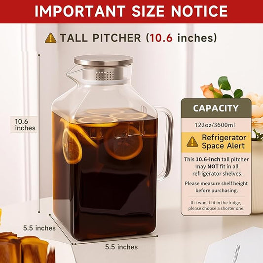 Glass Pitcher, 3.6L Glass Water Pitcher with Tight Stainless Steel Lid, Heat Resistant Borosilicate Glass Carafe, Temperature Safe (MG10)