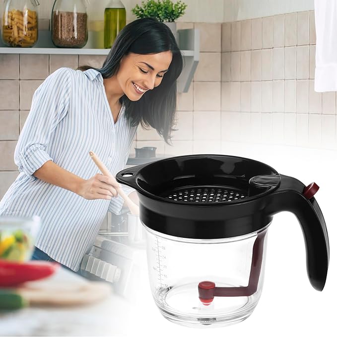 QWORK Fat Separator, 4 Cups / 1000 ml Grease Separator with Bottom Release - Soup Oil Separator Measuring Cup for Cooking