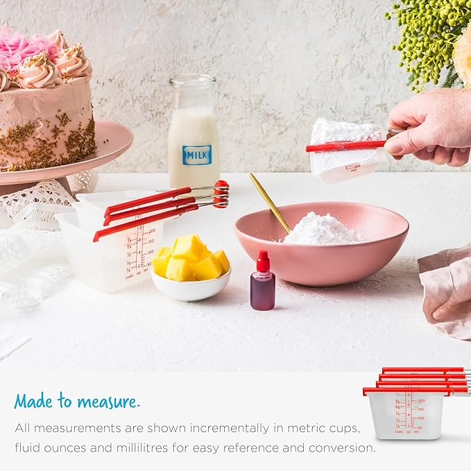 Dreamfarm Levups Self-Levelling Measuring Cup Set, Metric & Imperial Measurements up to 1 Cup - Pack of 4, Red